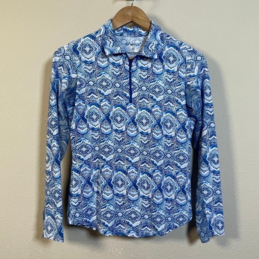 IBKUL Sun Shirt Women XS Blue White Medallion Print Mock Neck 1/4 Zip Activewear